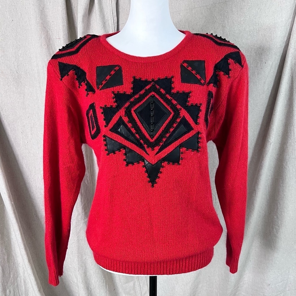 Vintage I.B. Diffusion Size S Red Silk/Angora/Lambswool Black Beaded Sweater